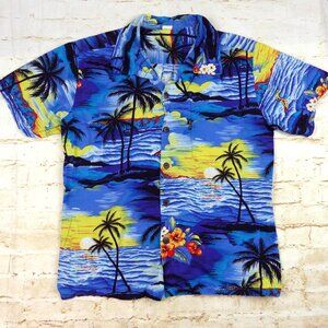 Palmwave Hawaii Camp Shirt Mens S Blue Button Up SS Tropical Surf Beach Travel